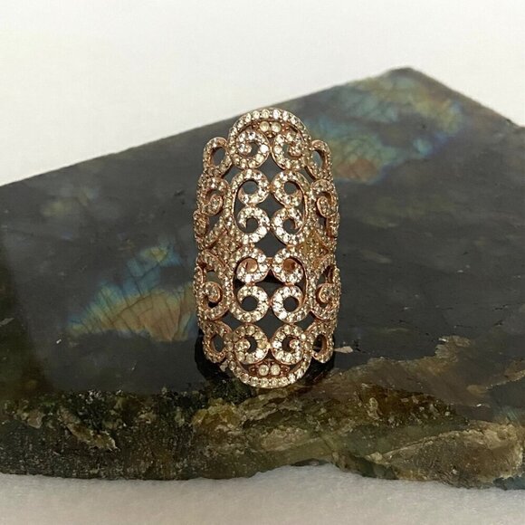 Rose Gold Plated Sterling Silver 925 Scrollwork White Sapphire Ring Sz 6.75 - Picture 2 of 16